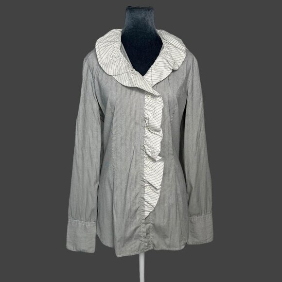 frilly pinstripe ruffle button up office wear shirt - Picture 7 of 8